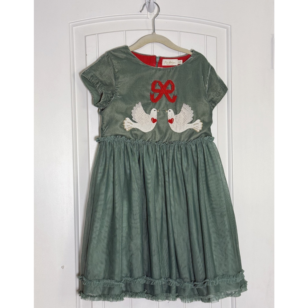 Mini Boden Teal Velvet Tulle Dove Dress 7-8 Holiday Cottagecore Whimsical Boho